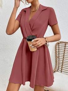 SHEIN Frenchy Solid Wrap Detail A-Line Dress Christmas Summer Casual - Redwood - View 1