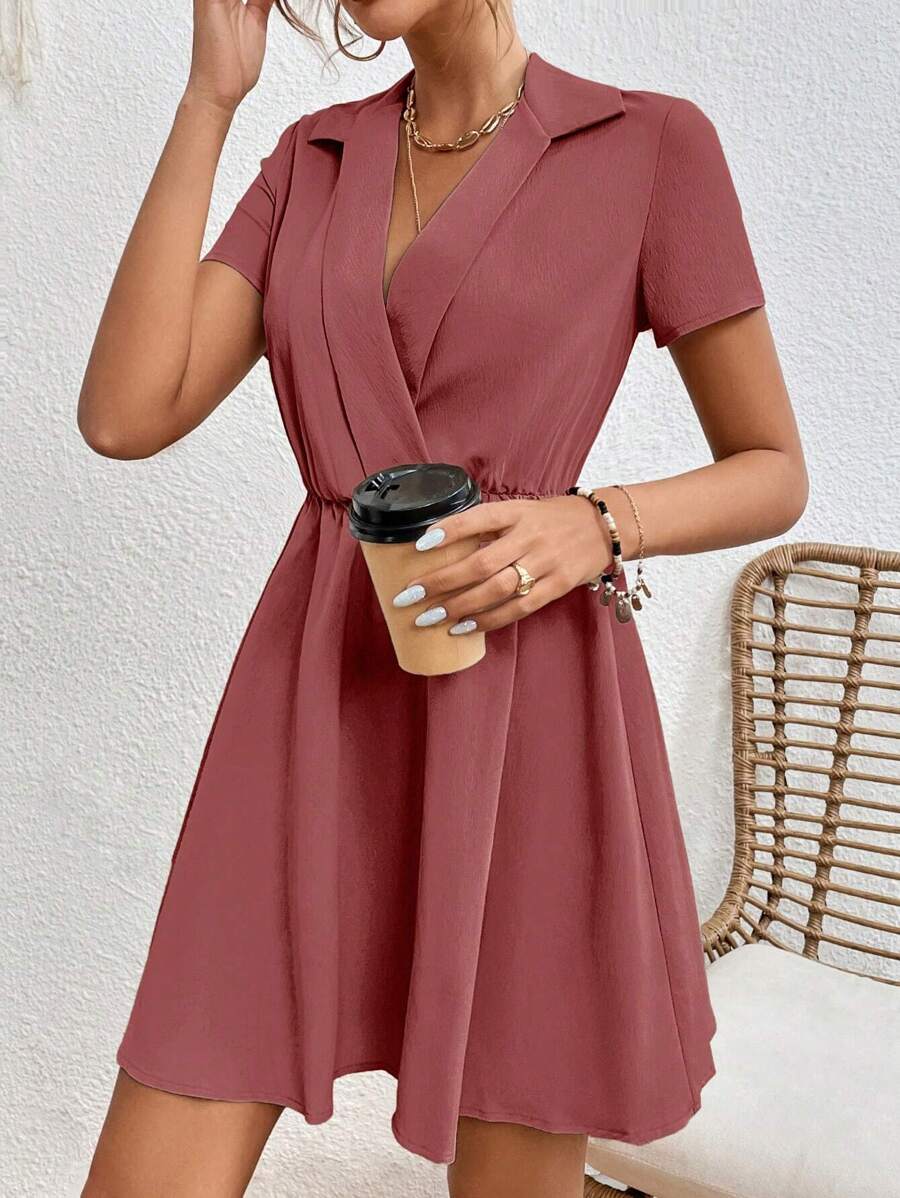SHEIN Frenchy Solid Wrap Detail A-Line Dress Christmas Summer Casual - Redwood - View 1