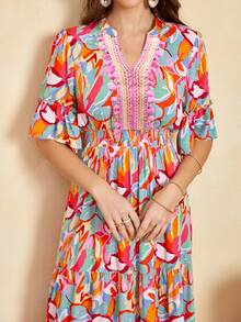 Đầm Xù POM Pom Hoa Tất cả trên in Boho - Màu Hồng Tươi - Xem 4