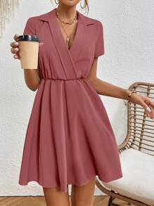 SHEIN Frenchy Solid Wrap Detail A-Line Dress Christmas Summer Casual - Redwood - View 6