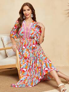 Đầm Xù POM Pom Hoa Tất cả trên in Boho - Màu Hồng Tươi - Xem 6