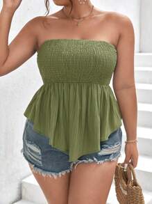 SHEIN Frenchy áo nữ kích thước lớn Bất đối xứng Viên lá sen Dải chun màu trơn Boho - xanh quân đội - Xem 1