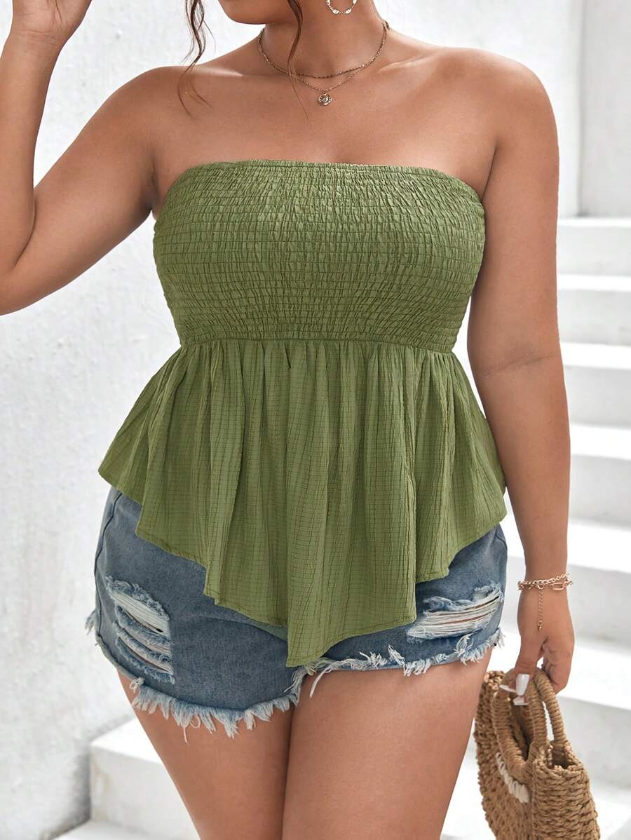 SHEIN Frenchy áo nữ kích thước lớn Bất đối xứng Viên lá sen Dải chun màu trơn Boho - xanh quân đội - Xem 1
