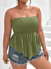 SHEIN Frenchy áo nữ kích thước lớn Bất đối xứng Viên lá sen Dải chun màu trơn Boho - xanh quân đội - Xem 3