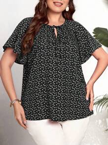 EMERY ROSE 加大爱心印花系带荷叶边袖衬衫，夏季 - 黑與白 - 查看 2