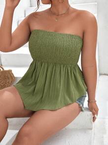 SHEIN Frenchy áo nữ kích thước lớn Bất đối xứng Viên lá sen Dải chun màu trơn Boho - xanh quân đội - Xem 5