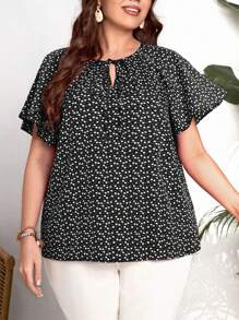 EMERY ROSE 加大爱心印花系带荷叶边袖衬衫，夏季 - 黑與白 - 查看 4