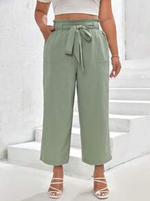 SHEIN Frenchy 大碼紙袋腰腰帶直筒褲 - 薄荷綠 - 查看 1
