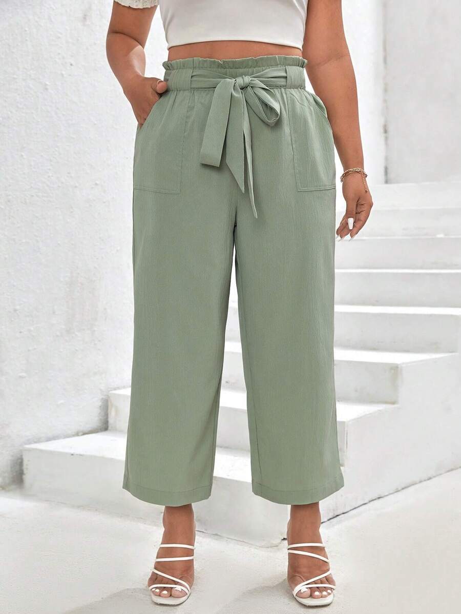 SHEIN Frenchy 大碼紙袋腰腰帶直筒褲 - 薄荷綠 - 查看 1