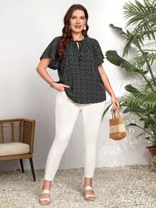 EMERY ROSE 加大爱心印花系带荷叶边袖衬衫，夏季 - 黑與白 - 查看 5