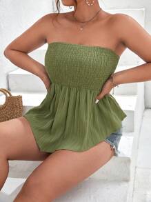 SHEIN Frenchy áo nữ kích thước lớn Bất đối xứng Viên lá sen Dải chun màu trơn Boho - xanh quân đội - Xem 6