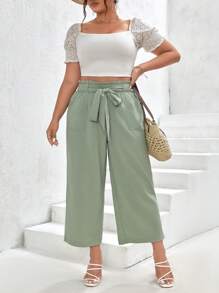 SHEIN Frenchy 大碼紙袋腰腰帶直筒褲 - 薄荷綠 - 查看 5