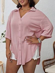 SHEIN VCAY 大碼落肩袖弧形下擺襯衫 - 藕粉色 - 查看 1