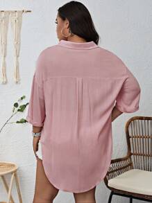 SHEIN VCAY 大碼落肩袖弧形下擺襯衫 - 藕粉色 - 查看 2