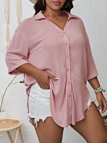 SHEIN VCAY 大碼落肩袖弧形下擺襯衫 - 藕粉色 - 查看 3