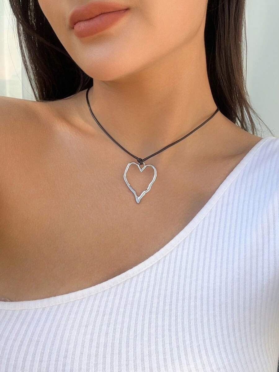 1 Hình Học Hình Trái Tim Rỗng Ra Kim Loại Mặt Dây Chuyền Choker Nữ Retro Thời Trang Đường Phố Trang Sức Dự Tiệc - Bạc - Xem 1