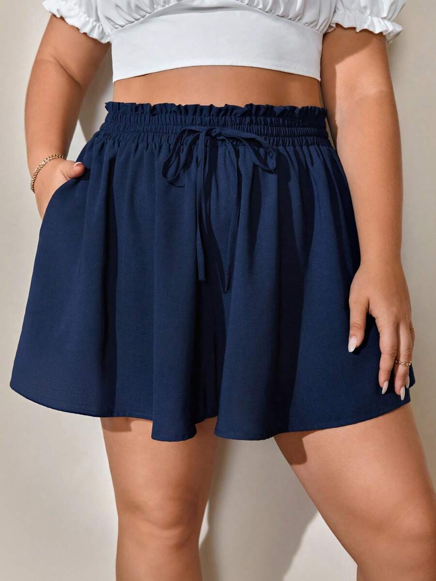 SHEIN Frenchy Plus Paperbag Waist Knot Front Wide Leg Shorts - Navy Blue - View 1