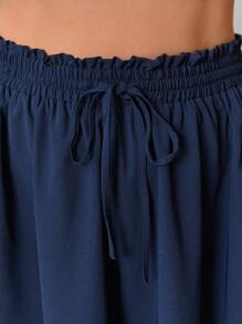 SHEIN Frenchy Plus Paperbag Waist Knot Front Wide Leg Shorts - Navy Blue - View 2