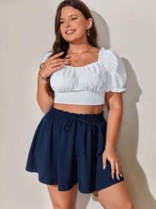 SHEIN Frenchy Plus Paperbag Waist Knot Front Wide Leg Shorts - Navy Blue - View 4