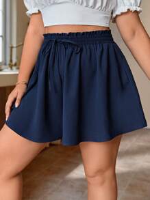SHEIN Frenchy Plus Paperbag Waist Knot Front Wide Leg Shorts - Navy Blue - View 5