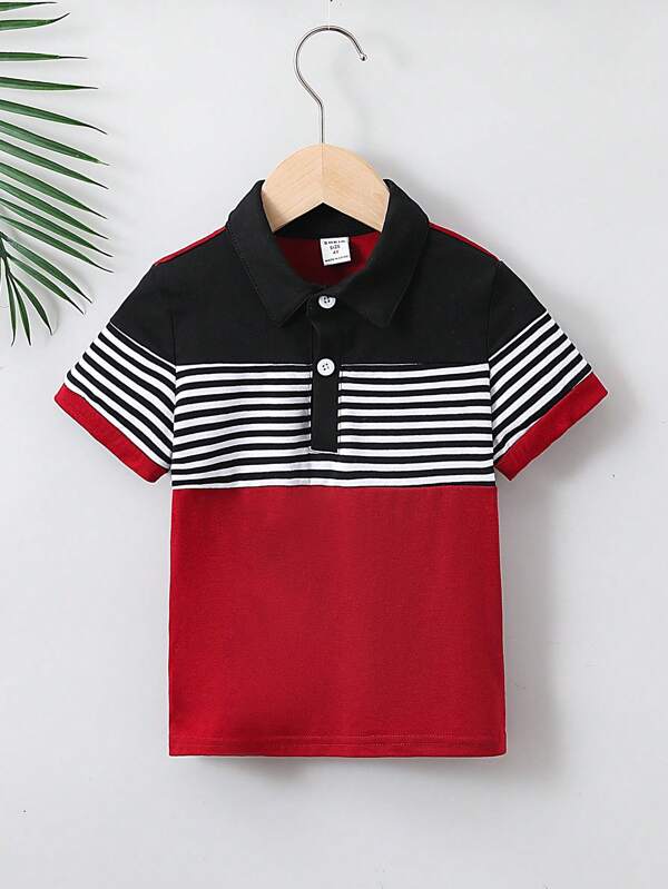 Young Boy Multicolor Striped Contrast Color Business Casual Polo Shirt With Regular Collar And Sleeves For Summer,Holiday,Summer,Travel