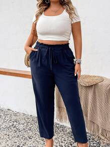 SHEIN LUNE Plus Paperbag Waist Knot Front Pants - Navy Blue - View 3