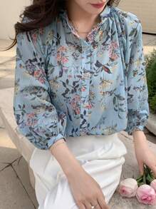 DAZY Floral Print Button Front Shirt - Blue - View 1