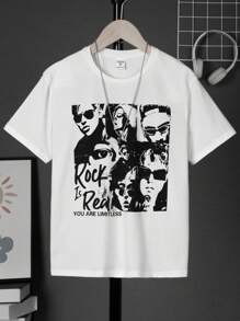 SHEIN Tween Boy's Holiday Printed Round Neck Short-Sleeved Pullover Knitted T-Shirt