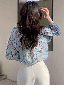 DAZY Floral Print Button Front Shirt - Blue - View 2