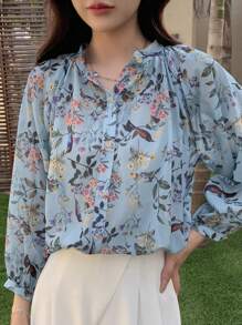 DAZY Floral Print Button Front Shirt - Blue - View 3