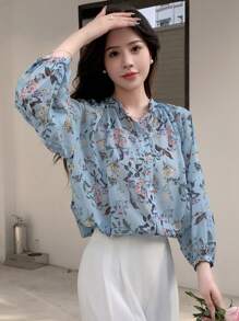 DAZY Floral Print Button Front Shirt - Blue - View 4