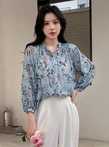 DAZY Floral Print Button Front Shirt - Blue - View 8