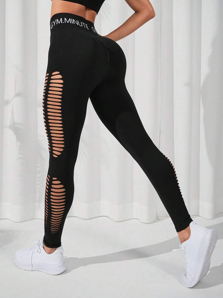 Easithlete Leggings deportivos de cintura con cinta con letra con abertura - Negro - Añade 2