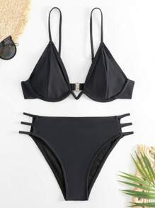SHEIN Swim Solid Underwire Bikini Set For Summer Beach - Black - View 3