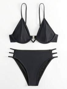 SHEIN Swim Solid Underwire Bikini Set For Summer Beach - Black - View 7