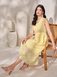 Mulvari Solid Ruffle Trim Button Front Lace Dress - Yellow - View 5