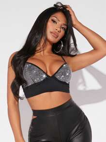 SHEIN SXY Áo khoác và áo lót dành cho xe tăng nữ Lộ Lưng Pha lê kim cương Khối Màu Buổi tiệc - màu đen - Xem 1