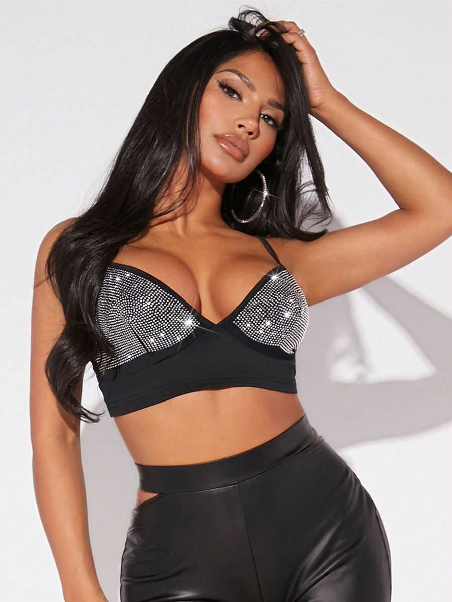 SHEIN SXY Áo khoác và áo lót dành cho xe tăng nữ Lộ Lưng Pha lê kim cương Khối Màu Buổi tiệc - màu đen - Xem 1