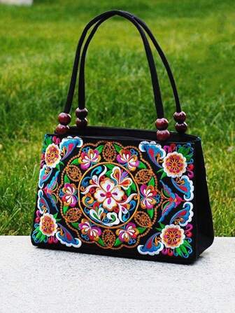 Yogodlns Stylish Floral Embroidered Handbag, Zipper Canvas Bag, Women's Fashion Purse, Mother's Day Gift For Mom Embroidery Clutch Bag, Flower Fabric Cosmetic Bag, Aesthetic Coin Purse For Women, Exquisite Floral Bag For Women