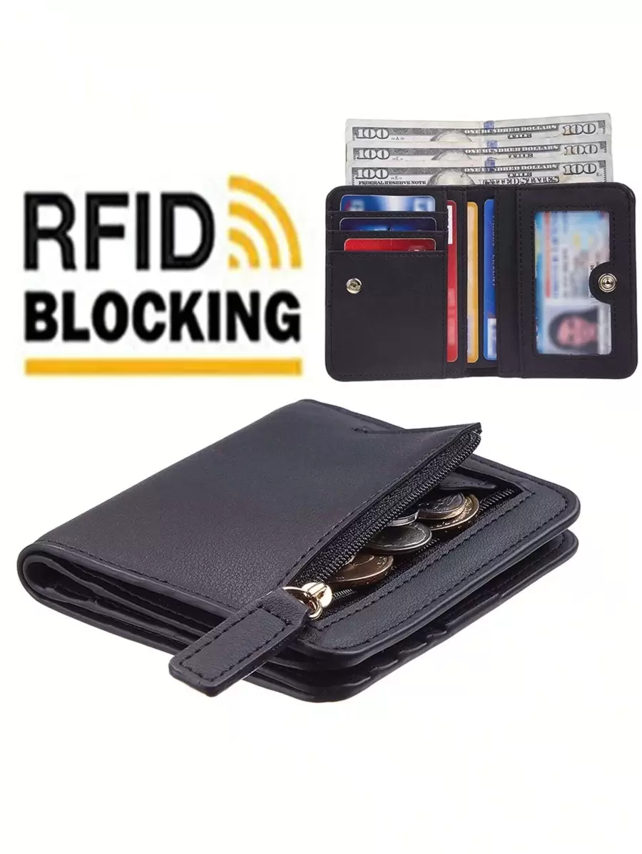 Women RFID Blocking Small Compact Bifold Vegan Leather Pocket Wallet Ladies Mini Purse With ID Window - Black - View 1