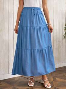 EMERY ROSE Falda de cintura con cordón bajo con fruncido unicolor - Azul - Ver 4