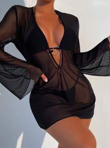 Swim Vcay Summer Beach Solid Sheer Mesh Cover Up - Black - View 1