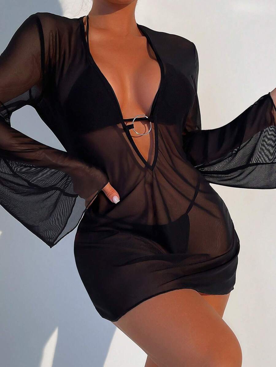Swim Vcay Summer Beach Solid Sheer Mesh Cover Up - Black - View 1
