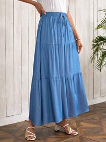 EMERY ROSE Falda de cintura con cordón bajo con fruncido unicolor - Azul - Ver 5