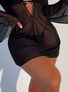 Swim Vcay Summer Beach Solid Sheer Mesh Cover Up - Black - View 4