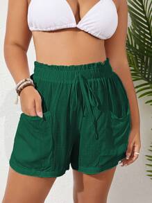 Plus Paperbag Waist Knot Front Cover Up Shorts - Army Green - View 1