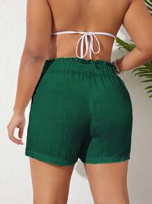 Plus Paperbag Waist Knot Front Cover Up Shorts - Army Green - View 2