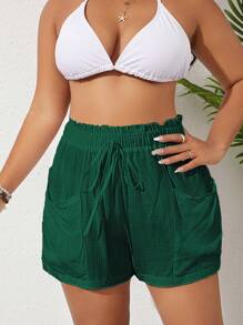 Plus Paperbag Waist Knot Front Cover Up Shorts - Army Green - View 3