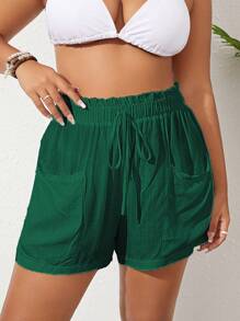 Plus Paperbag Waist Knot Front Cover Up Shorts - Army Green - View 5