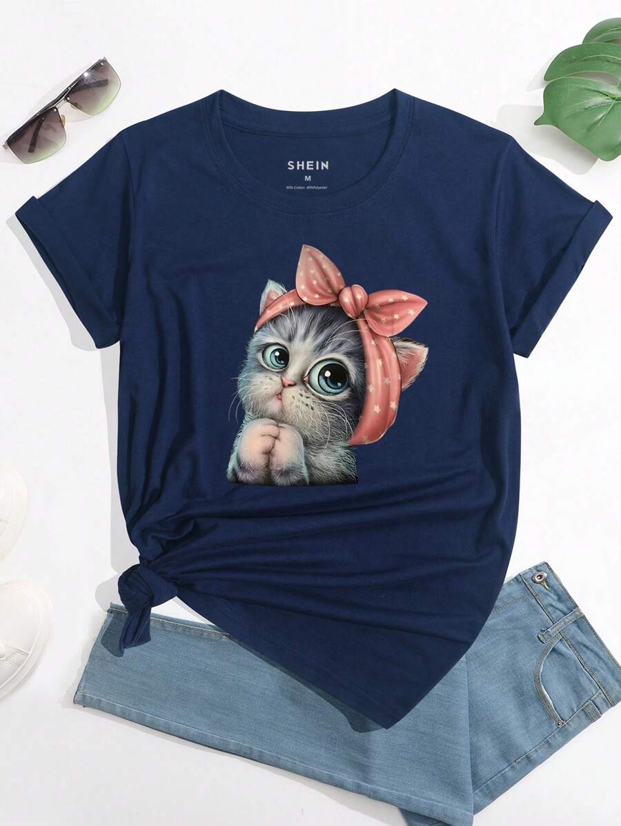 SHEIN LUNE 貓印花T恤 - 藏蓝色 - 查看 1